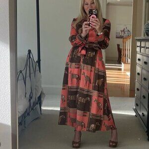 NWT Pearl by Lela Rose Equestrian Twill Pleated Midi Shirt Dress Coral Multi 4